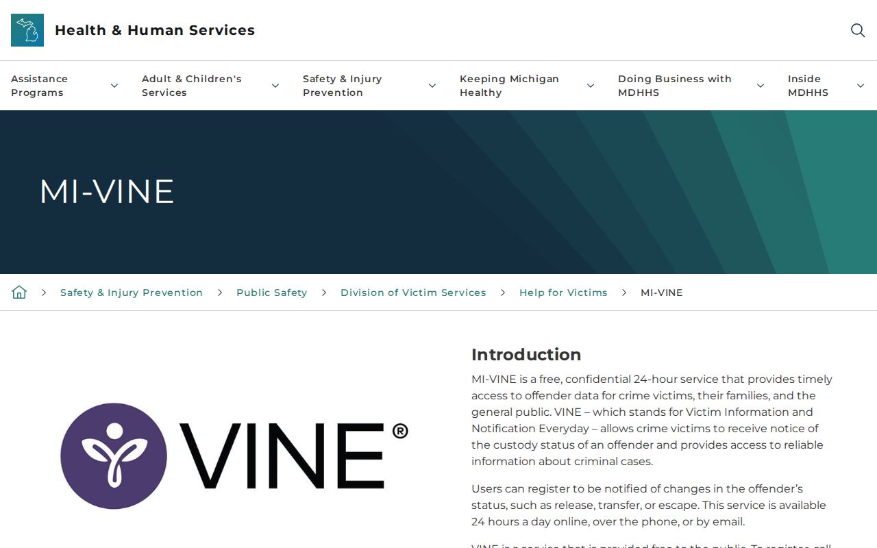 Official Michigan MI-VINE information page